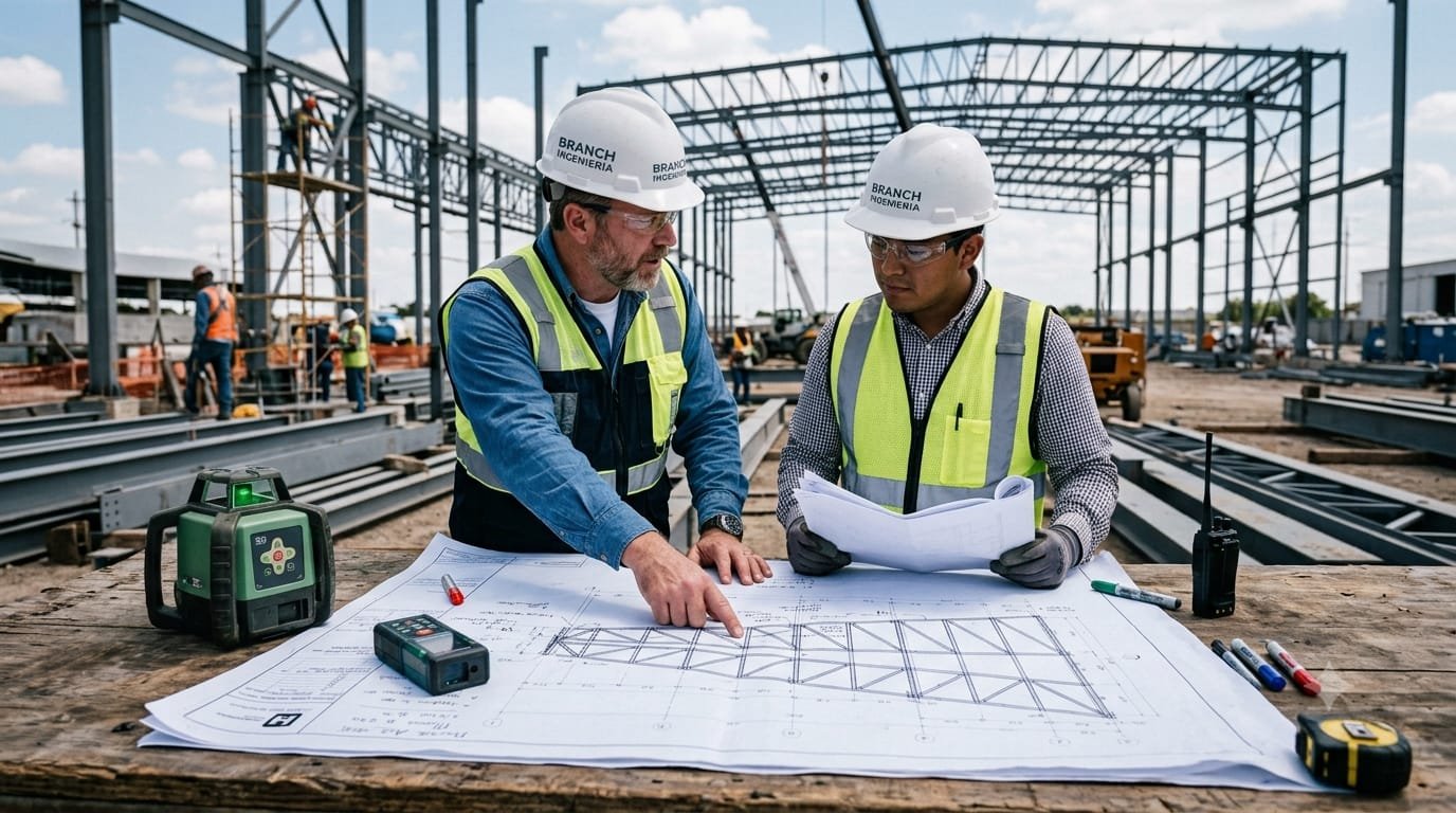 Ingenieros de Branch revisando planos de estructura en obra